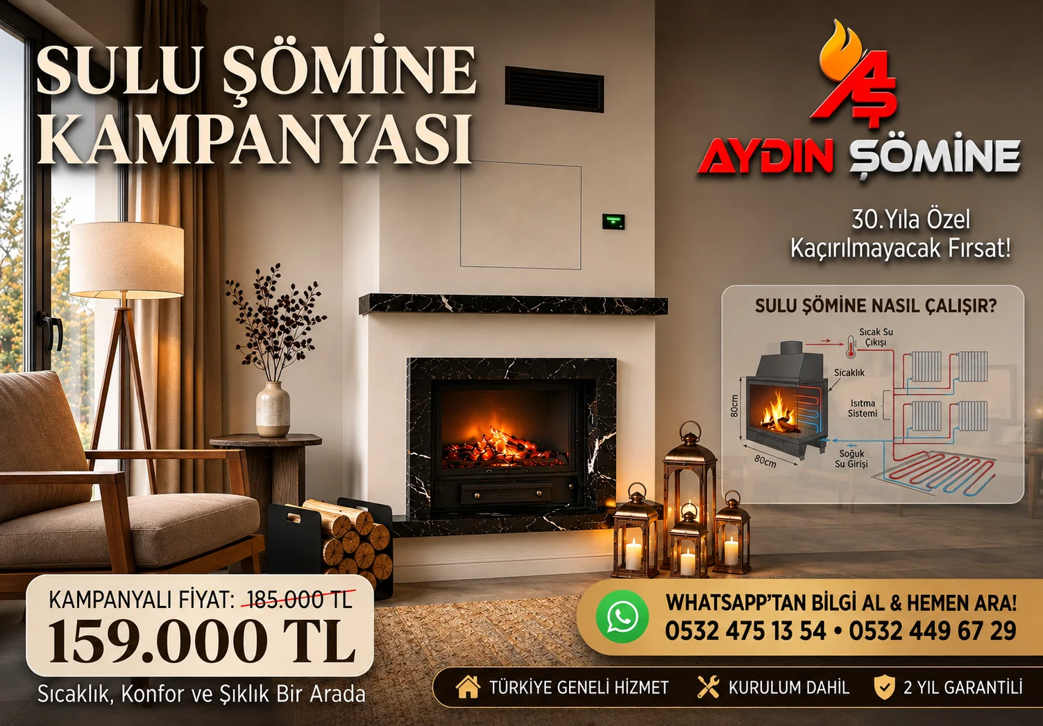 Aydın Şömine sulu şömine kampanyası; kalorifer petekleri ve yerden ısıtma bağlantısı